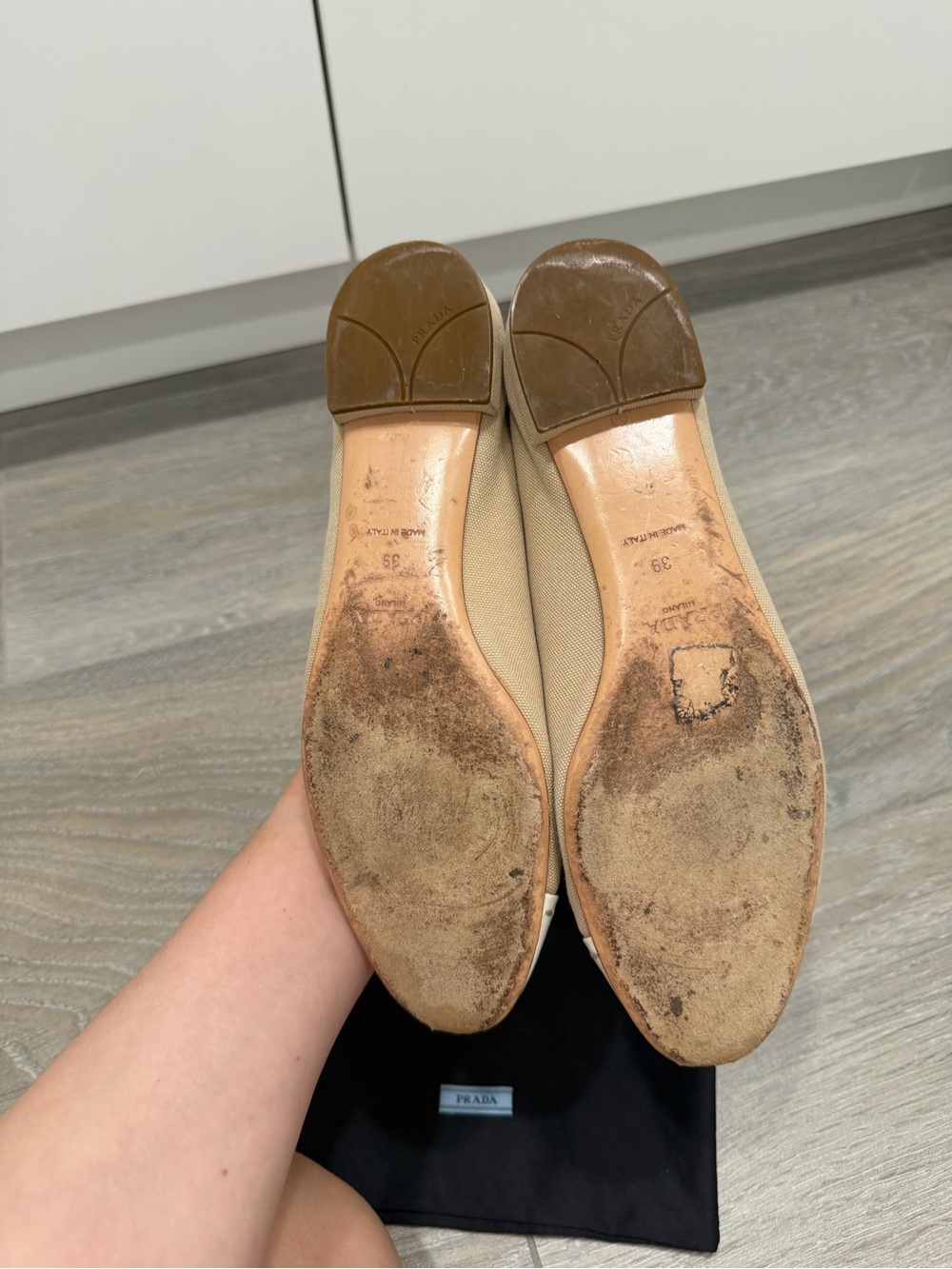 Prada Beige Canvas Ballet Flats with Cream Patent Cap Toe size 8.5/39 - Picture 6 of 6
